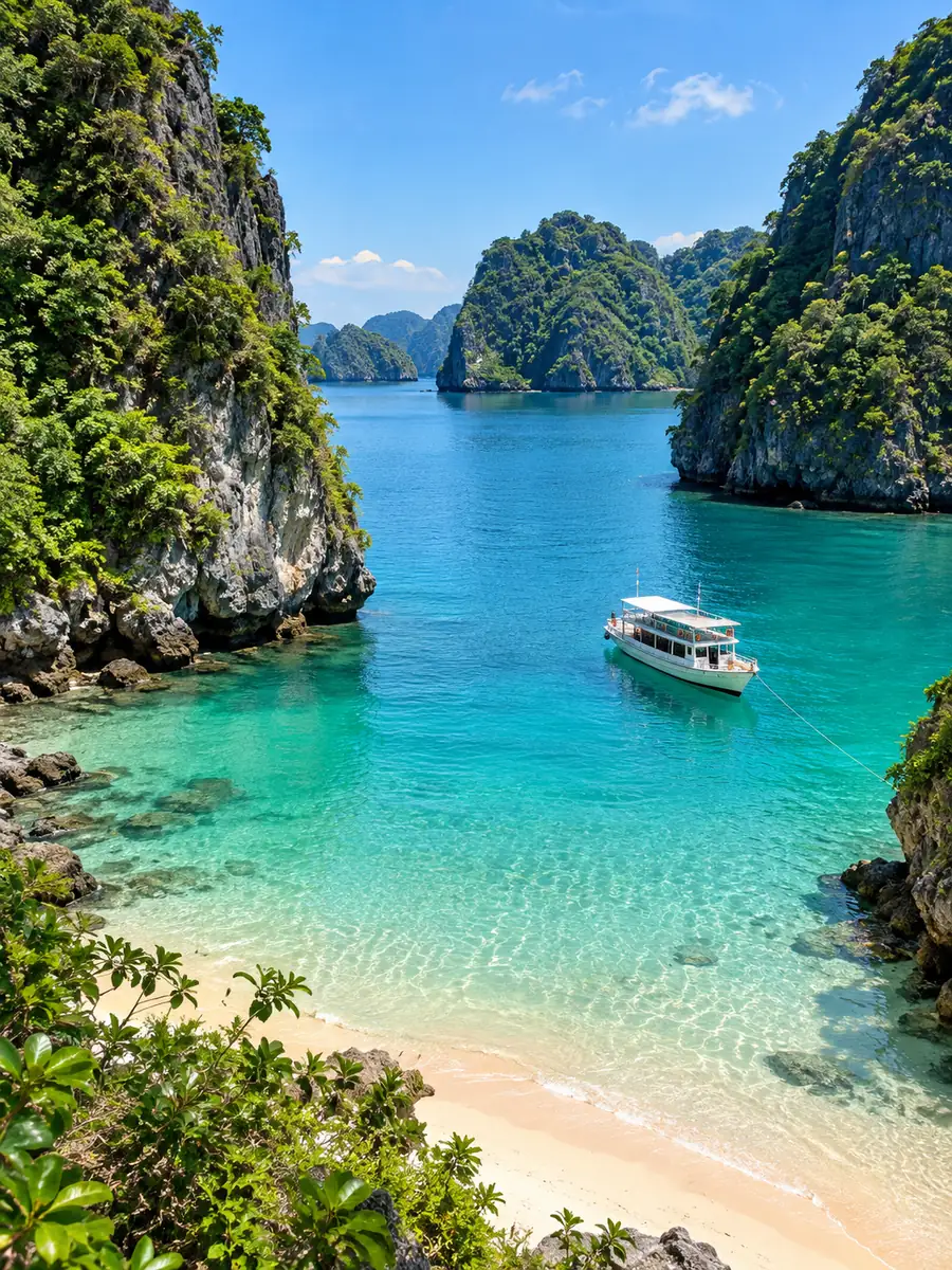 A small pale-sand beach between two limestone karsts with a day boat moored offshore