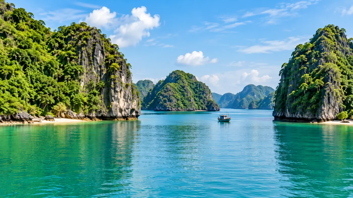 Still turquoise water and sharp green karst islands under a blue sky on a spring morning