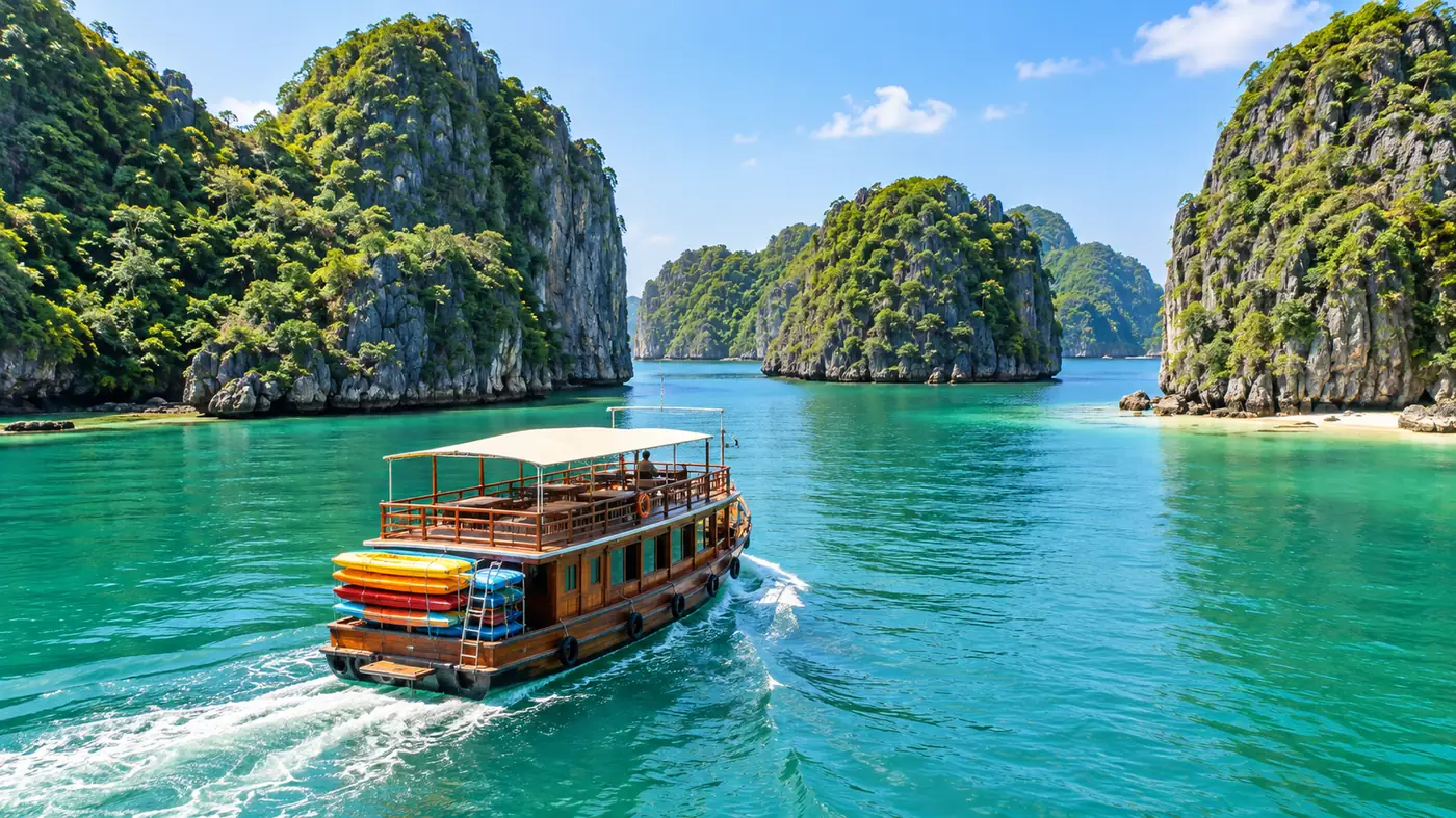 A wooden day boat with kayaks on its stern cruising between green limestone karsts