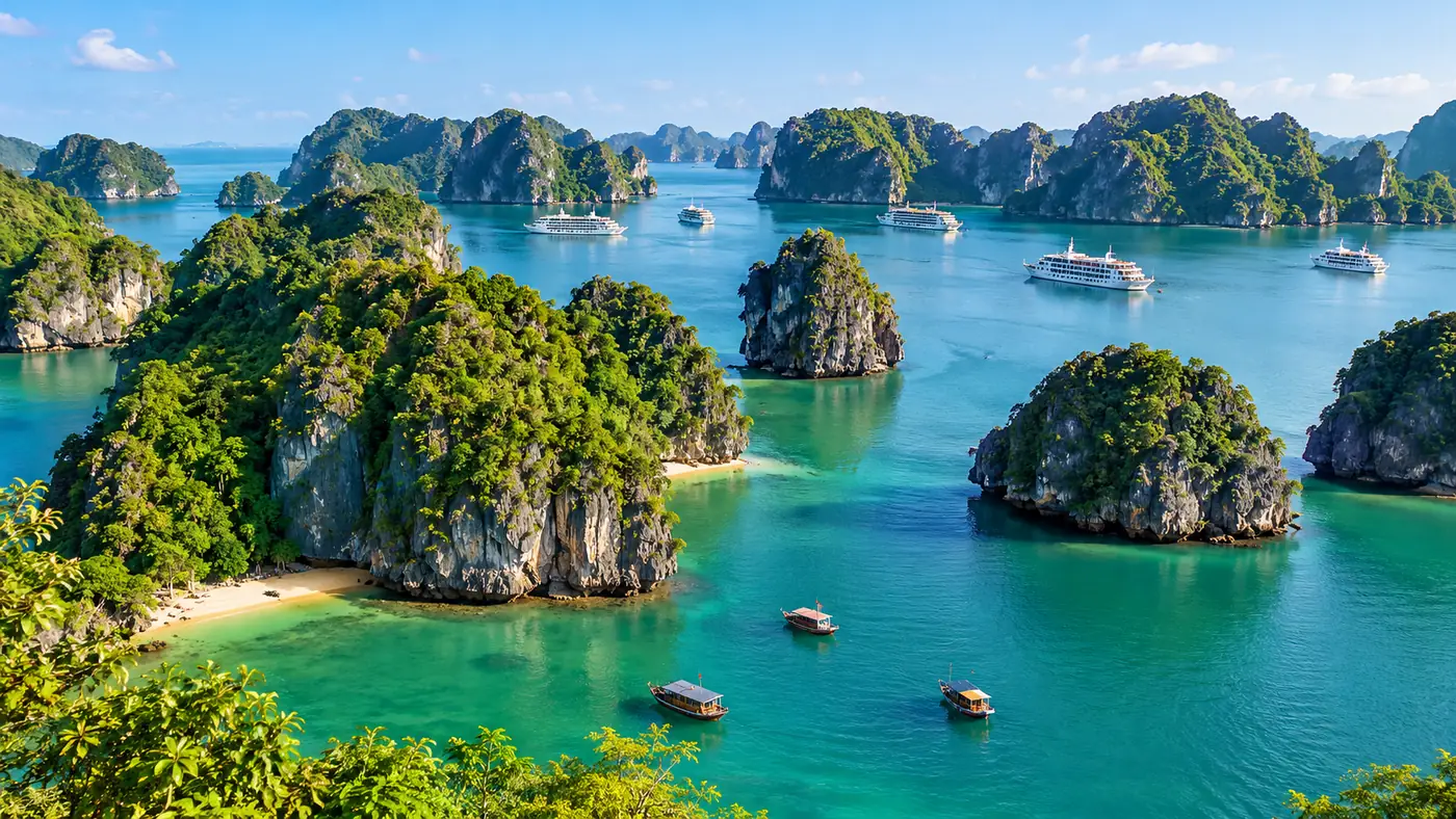 Limestone islets over calm water, small boats in the near lagoon and large cruise ships far off