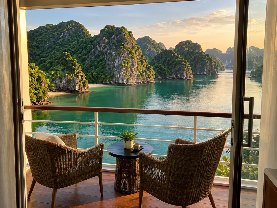 Two rattan chairs on a cruise cabin balcony facing a calm bay and karst islands