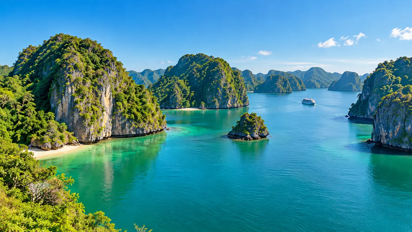 Sharp green karst islands under a deep blue autumn sky with a small cruise boat far off