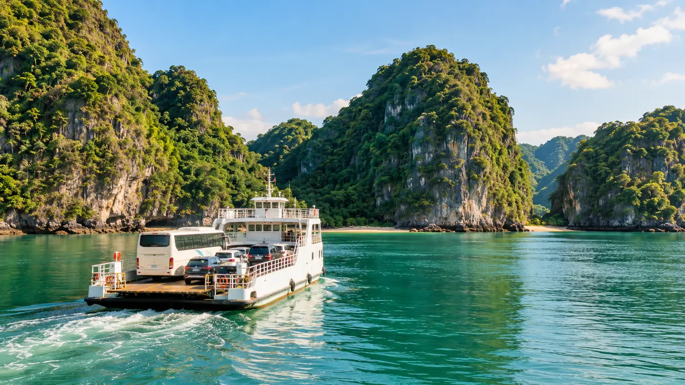 A car ferry carrying a coach bus across a calm channel towards a forested island