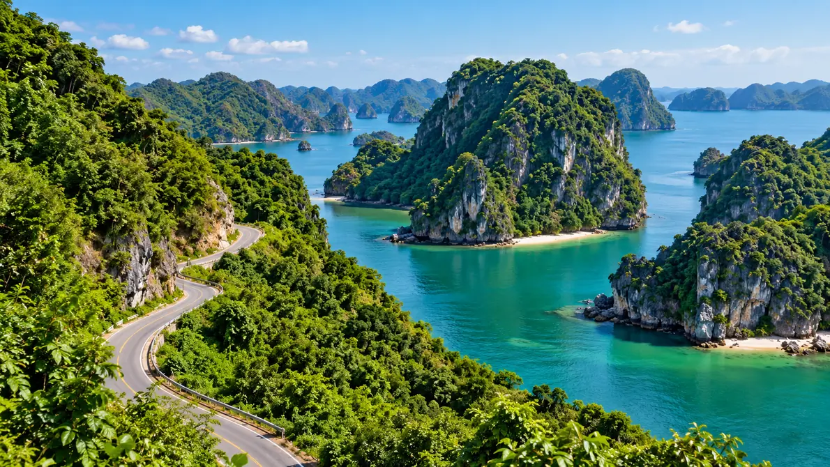 A winding coastal road through forested limestone hills above the sea