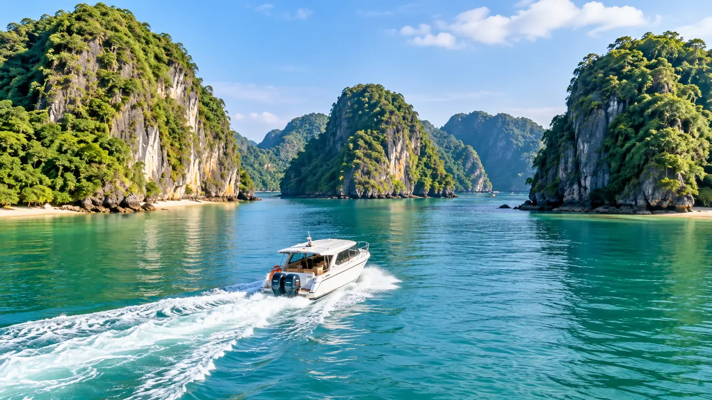 A small high-speed passenger boat crossing calm water towards green islands