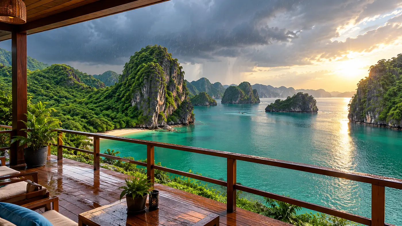A summer shower over the karsts seen from a covered sundeck, sunlight on the horizon