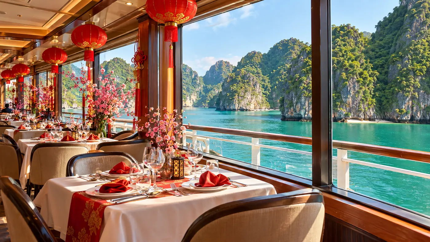 A cruise restaurant decorated with red lanterns and peach blossom for Lunar New Year