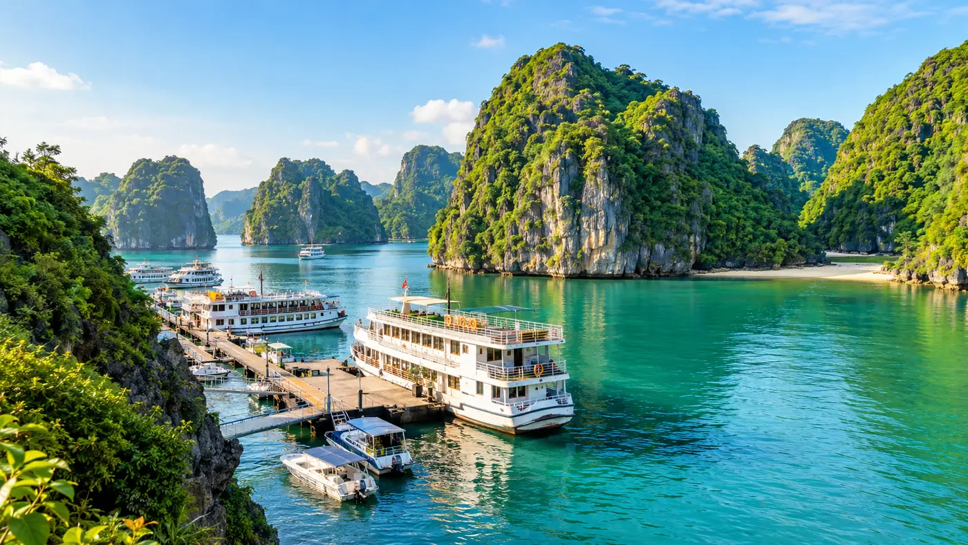 White tour boats and tenders moored along a marina pier with limestone karsts behind